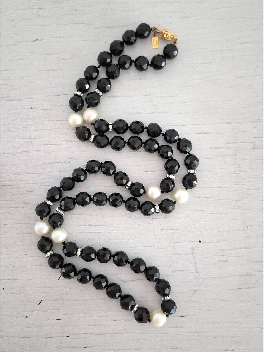 Vintage Hattie Carnegie Long 32in Black Faceted Bead and Faux Pearl Necklace